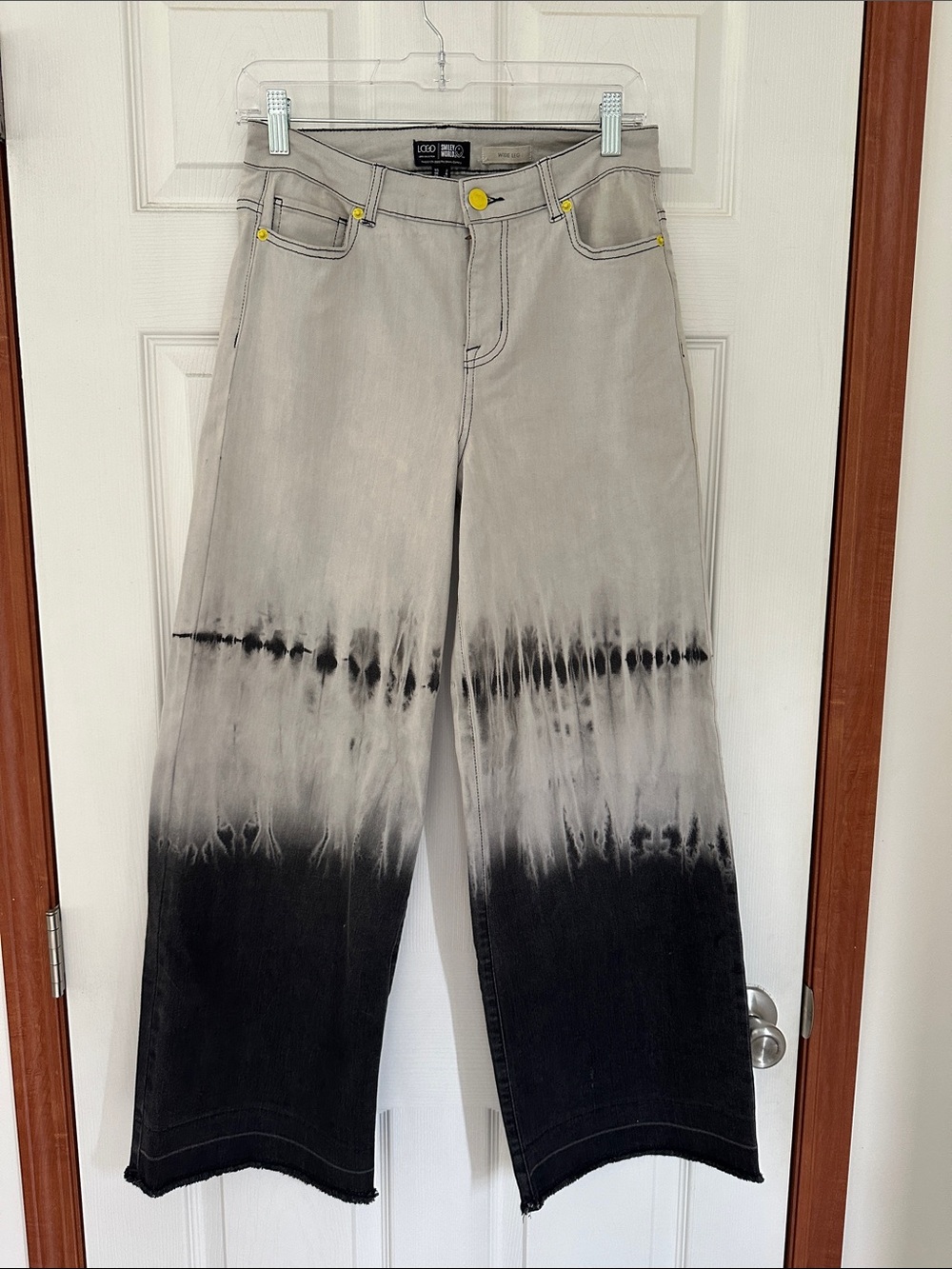 LOGO by Lori Goldstein Wide Leg Tie-Dye Jeans - Black & Gray with Yellow Accents
